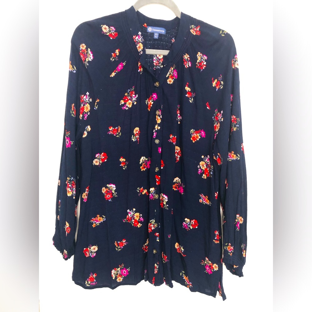 Democracy Rayon‎ flowy floral boho button down long sleeve blouse shirt  XL navy